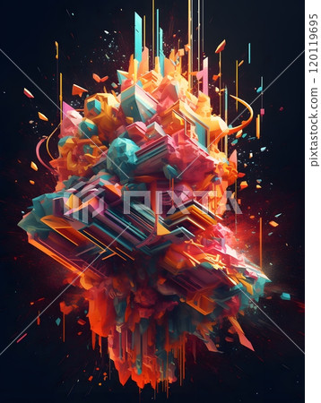 Abstract geometric explosion of vibrant colors in 3d digital art in energetic and dynamic design Abstract geometric explosion of vibrant colors in 3d digital art in energetic and dynamic design 120119695