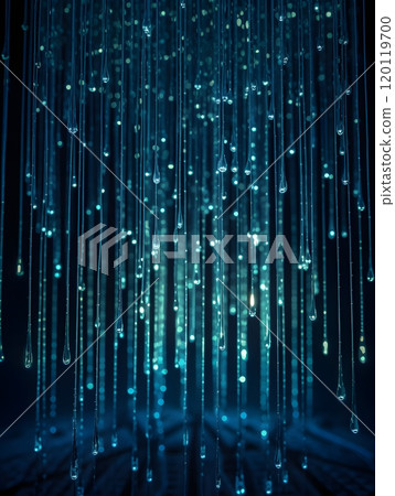 Enchanting blue fiber optic lights create mesmerizing digital glowing rainfall effect 120119700