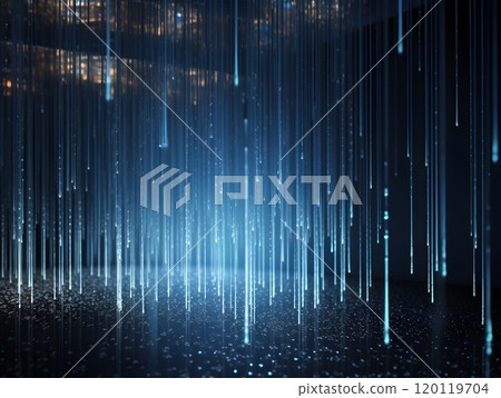 Futuristic digital rainfall: abstract glowing lines in a dark space 120119704