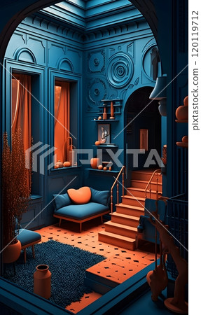 Vibrant blue and orange interior design with modern decor elements 120119712