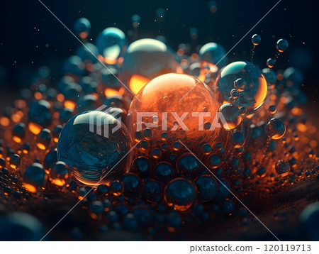 Vibrant glowing abstract bubbles in dark liquid: dynamic macro photography Vibrant glowing abstract bubbles in dark liquid: dynamic macro photography 120119713