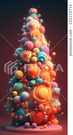Vibrant swirl tower: whimsical abstract sculpture of colorful spheres in a spiraling design Vibrant swirl tower: whimsical abstract sculpture of colorful spheres in a spiraling design 120119714