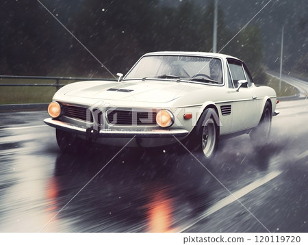 Classic white car driving in rain on curved road - vintage automotive photography 120119720
