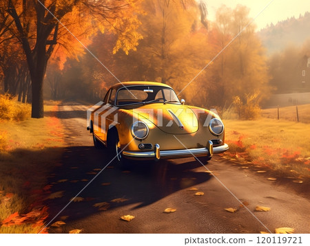 Classic yellow car drives through scenic autumn foliage on a sunny day 120119721
