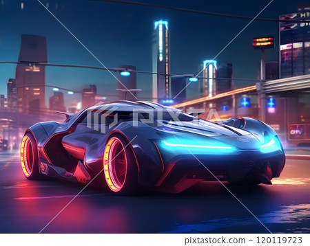 Futuristic electric sports car in neon-lit cityscape at night Futuristic electric sports car in neon-lit cityscape at night 120119723