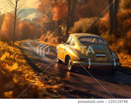 Vintage car driving through scenic autumn forest on sunlit road 120119746