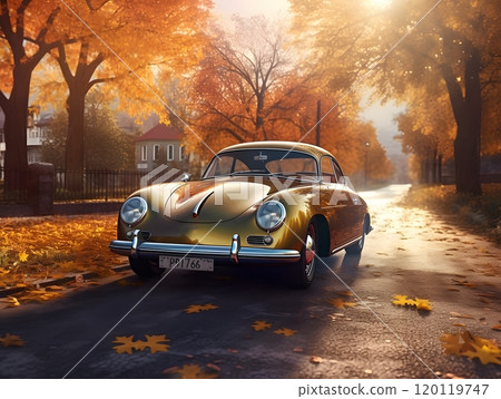 Vintage car on autumn road: classic elegance in golden hour light Vintage car on autumn road: classic elegance in golden hour light 120119747