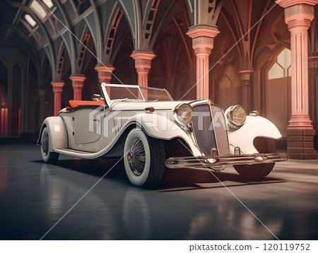 Vintage elegance: classic white convertible in ornate architectural setting Vintage elegance: classic white convertible in ornate architectural setting 120119752