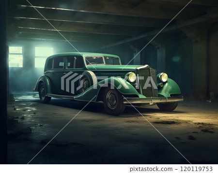 Vintage green classic car in sunlit garage with antique charm and elegance Vintage green classic car in sunlit garage with antique charm and elegance 120119753