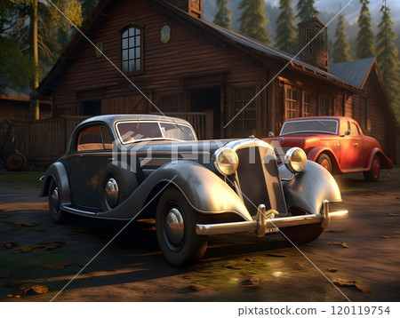 Vintage luxury classic cars in rustic woodland setting Vintage luxury classic cars in rustic woodland setting 120119754