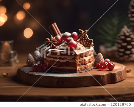 Festive chocolate cake with berries and cinnamon on rustic wooden platter Festive chocolate cake with berries and cinnamon on rustic wooden platter 120119760