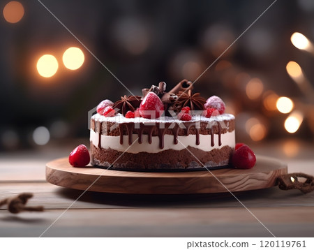 Decadent chocolate cake with berries and chocolate drizzle on rustic wooden table Decadent chocolate cake with berries and chocolate drizzle on rustic wooden table 120119761