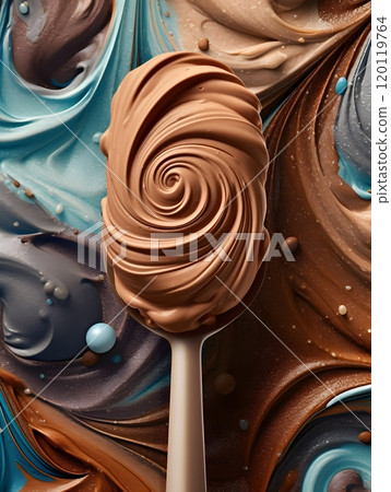 Swirling chocolate spoon on colorful abstract background in stock photography 120119764