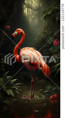 Vibrant flamingo in enchanting jungle stream with tropical foliage 120119779