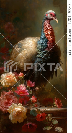 Vibrant turkey among luxurious roses: a fusion of wildlife and floral art 120119780