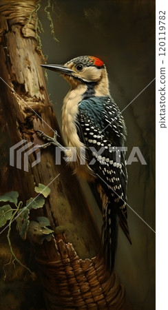 Vibrant woodpecker on tree trunk in lush forest setting 120119782