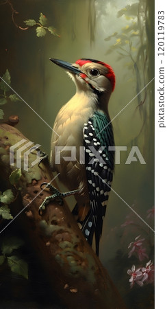 Vibrant woodpecker resting on a mossy branch in mystical forest 120119783