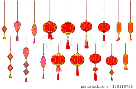 Hand-drawn illustration set of various lanterns 120119788