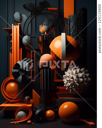 Abstract 3d geometric composition with orange and black shapes in modern design Abstract 3d geometric composition with orange and black shapes in modern design 120119800
