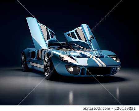 Classic blue sports car with open doors: vintage racing icon in studio lighting 120119821