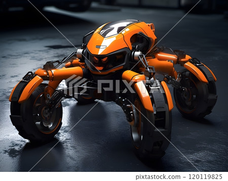 Futuristic orange robotic vehicle on a dark industrial background 120119825