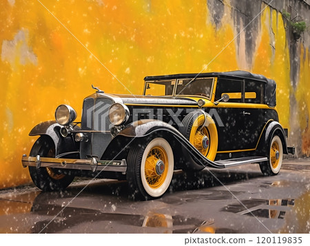 Vintage classic car against vibrant yellow wall with retro style and elegance Vintage classic car against vibrant yellow wall with retro style and elegance 120119835