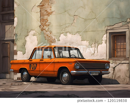Vintage orange sedan against weathered wall in urban setting 120119838