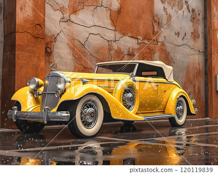 Vintage yellow convertible car in front of rustic wall 120119839