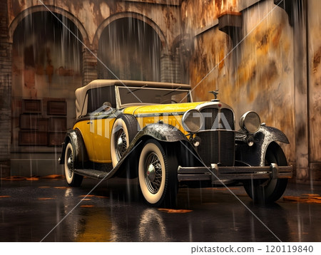 Vintage yellow convertible in rainy urban courtyard setting 120119840