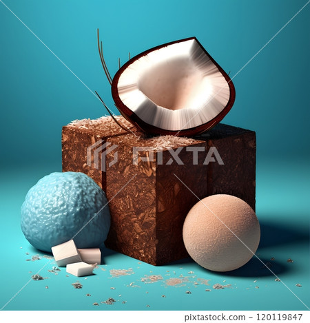 Abstract coconut composition with geometric shapes on blue background Abstract coconut composition with geometric shapes on blue background 120119847
