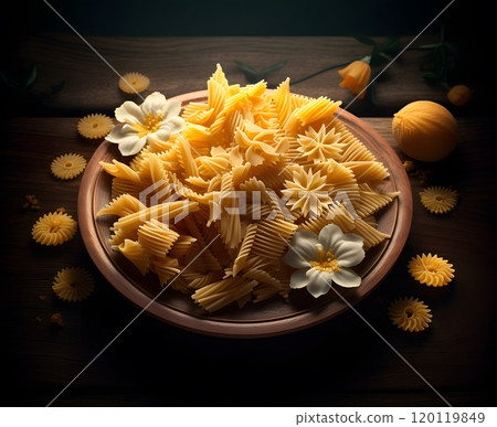 Artisan pasta fusion with elegant edible flowers in rustic setting 120119849