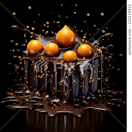 Chocolates with orange spheres splashing on black background - abstract food art Chocolates with orange spheres splashing on black background - abstract food art 120119852