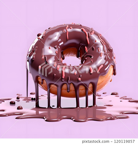 Delicious chocolate glazed donut with dripping icing on pink background 120119857