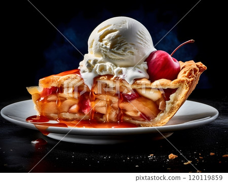 Delicious slice of apple pie with ice cream and cherry topping Delicious slice of apple pie with ice cream and cherry topping 120119859