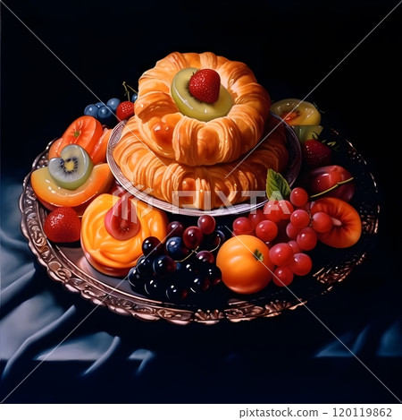 Elegant fruit and pastry arrangement on silver platter against dark background 120119862