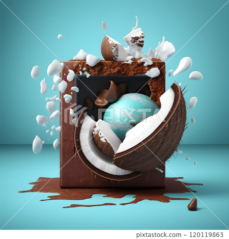 Exploding chocolate cube with coconut and milk splash on turquoise background 120119863