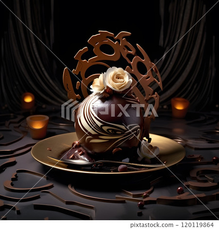 Exquisite chocolate dessert sphere with artistic rose garnish Exquisite chocolate dessert sphere with artistic rose garnish 120119864