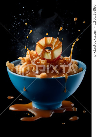 Fresh apple splashing into caramel-drizzled crumble dessert in blue bowl 120119866