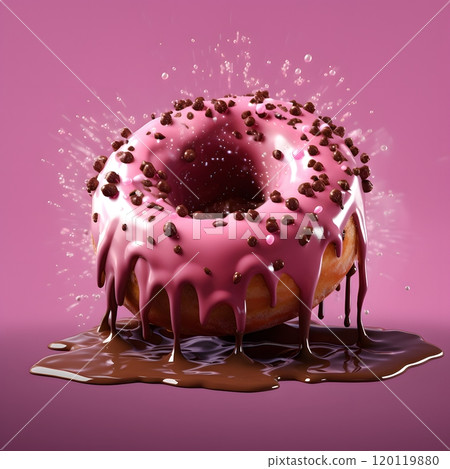 Pink frosted donut with chocolate drizzle and sprinkles splash on pink background 120119880