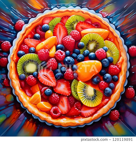 Vibrant fruit tart with berries and kiwi in artistic splash Vibrant fruit tart with berries and kiwi in artistic splash 120119891