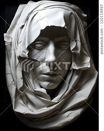 Sculpted face with cracked veil: intricate texture and dramatic expression in monochrome art Sculpted face with cracked veil: intricate texture and dramatic expression in monochrome art 120119897