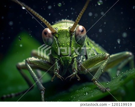 Close-up of a grasshopper with water droplets amidst lush greenery 120119919