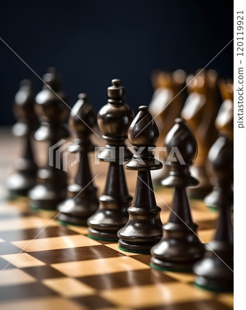 Close-up of chess pieces on wooden board for strategy and planning concept 120119921