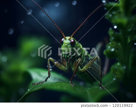 Close-up of green grasshopper on leaf with dew drops in natural setting 120119922