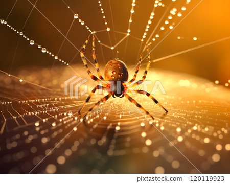 Close-up of spider on dewy web at sunrise: nature's intricate wonder 120119923