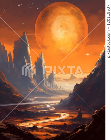 Dramatic alien landscape with massive red planet and rugged mountains 120119937