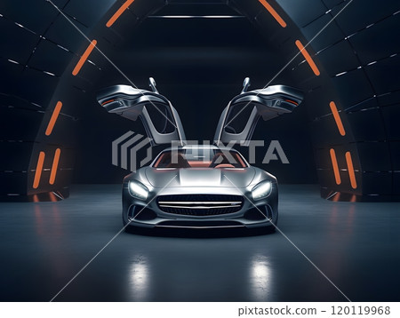 Futuristic sports car with gull-wing doors in modern showroom setting Futuristic sports car with gull-wing doors in modern showroom setting 120119968