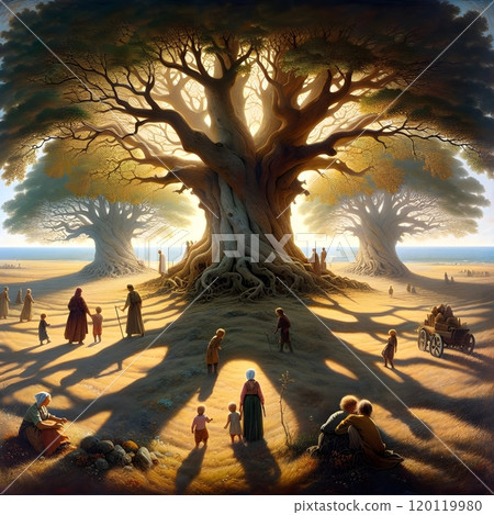 Magical family gathering under ancient trees with sunlit shadows in fantasy landscape Magical family gathering under ancient trees with sunlit shadows in fantasy landscape 120119980