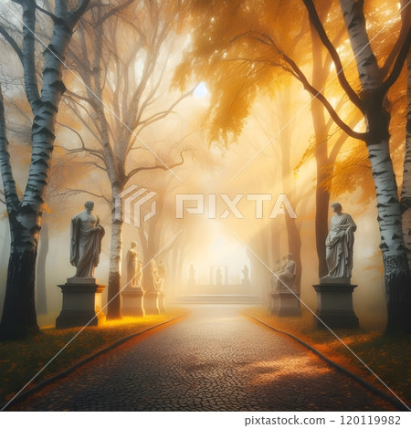 Misty morning pathway with sunlit statues in enchanted forest 120119982