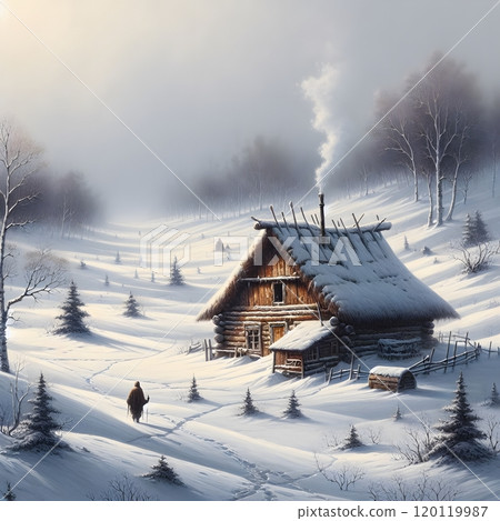 Snowy cabin landscape with frosty trees and lone wanderer in winter wonderland 120119987